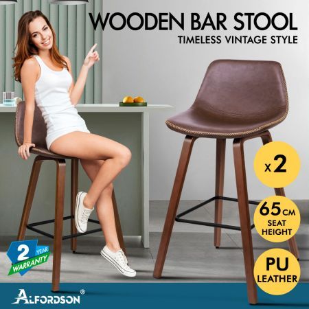 ALFORDSON 2x Wooden Bar Stools Noah Kitchen Dining Chair Vintage Retro COFFEE