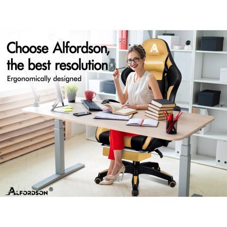 ALFORDSON Gaming Office Chair Extra Large Pillow Racing Executive Footrest Seat Black & Gold