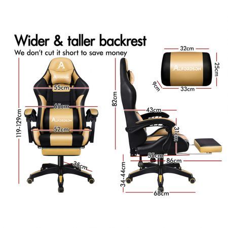 ALFORDSON Gaming Office Chair Extra Large Pillow Racing Executive Footrest Seat Black & Gold