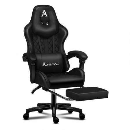 ALFORDSON Gaming Chair Office Racer Large Lumbar Cushion Footrest Seat Leather All Black