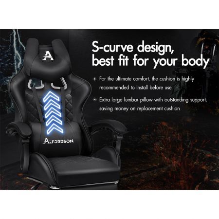 ALFORDSON Gaming Chair Office Racer Large Lumbar Cushion Footrest Seat Leather All Black