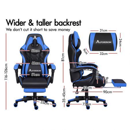 ALFORDSON Gaming Chair Office Racer Large Lumbar Cushion Footrest Seat Leather Black & Blue