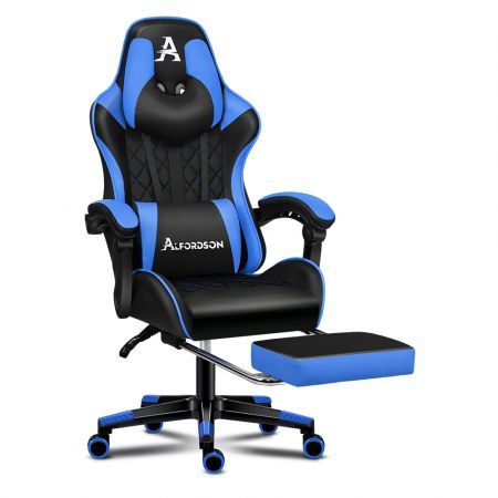 ALFORDSON Gaming Chair Office Racer Large Lumbar Cushion Footrest Seat Leather Black & Blue