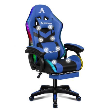 ALFORDSON Gaming Office Chair 12 RGB LED Massage Computer Seat Footrest Blue