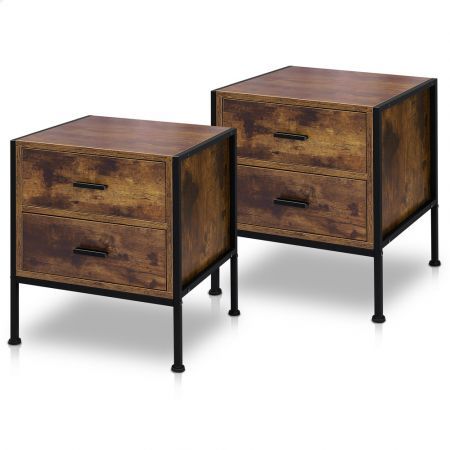 ALFORDSON 2x Bedside Table Retro Wood Nightstand Vintage 2 Drawers Storage Cabinet Wooden Side Table Dark Oak