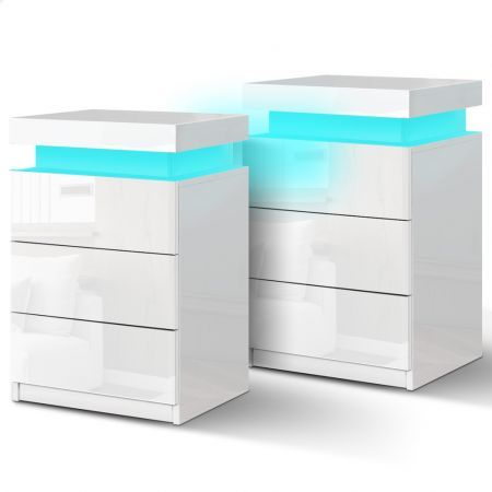 ALFORDSON 2x Bedside Table RGB LED Nightstand 3 Drawers 4 Side High Gloss White