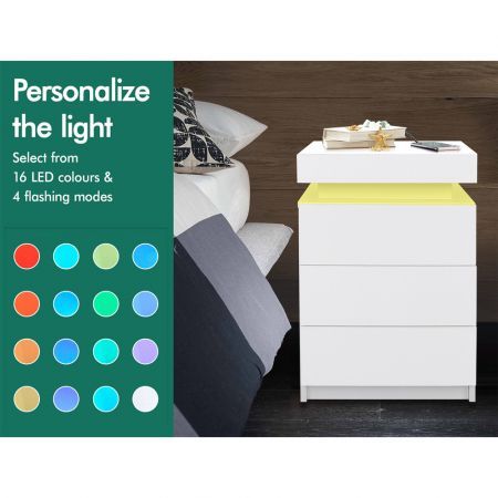 ALFORDSON 2x Bedside Table RGB LED Nightstand 3 Drawers 4 Side High Gloss White