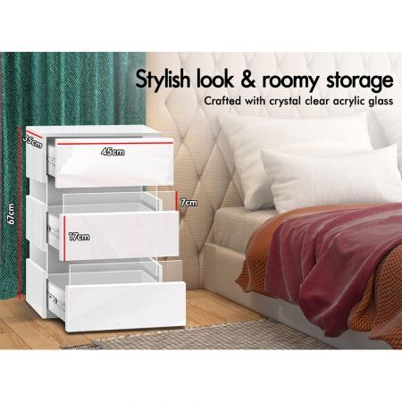 ALFORDSON 2x Bedside Table RGB LED Nightstand 3 Drawers 4 Side High Gloss White