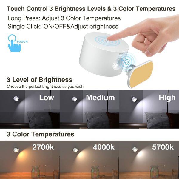 LED Wall Mounted Reading Lights,Wall Sconces with 3 Color Temperatures,Rechargeable Battery Magnetic Ball 360 Degree Rotation Touch Control (White)