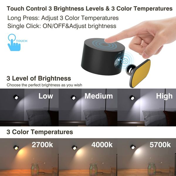 LED Wall Mounted Reading Lights,Wall Sconces with 3 Color Temperatures & 3 Brightness Levels Rechargeable Battery Magnetic Ball 360 Degree Rotation Touch Control (Black)