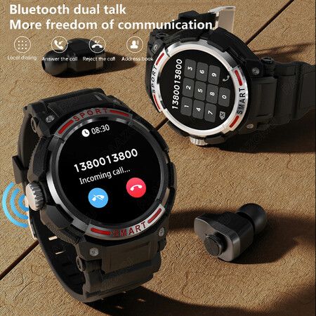 Newest 2 in 1 Men Smart Watch With TWS Earbuds AMOLED Bluetooth Headset Smartwatch With Speaker Tracker Music Sports Watches Color Silver