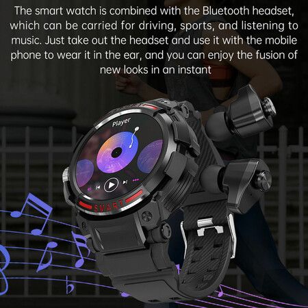 Newest 2 in 1 Men Smart Watch With TWS Earbuds AMOLED Bluetooth Headset Smartwatch With Speaker Tracker Music Sports Watches Color Black