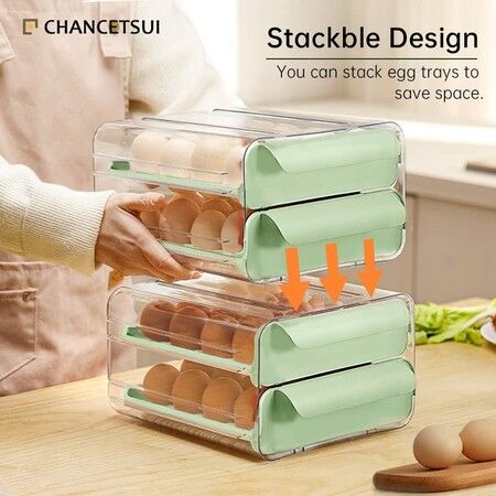 Large Capacity Egg Holder for Refrigerator Egg Storage Container Stackable Clear Plastic(Green-2 Layer)