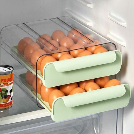 Large Capacity Egg Holder for Refrigerator Egg Storage Container Stackable Clear Plastic(Green-2 Layer)