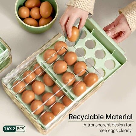 Large Capacity Egg Holder for Refrigerator Egg Storage Container Stackable Clear Plastic(Green-2 Layer)