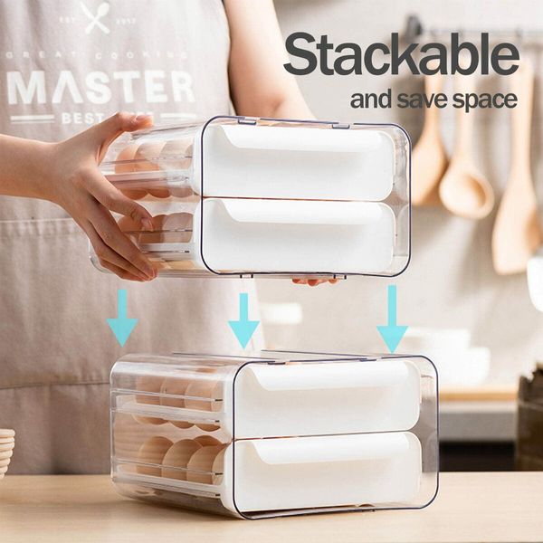 Large Capacity Egg Holder for Refrigerator Egg Storage Container Stackable Clear Plastic(White-2 Layer)