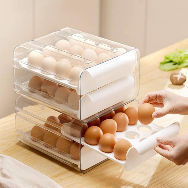 Large Capacity Egg Holder for Refrigerator Egg Storage Container Stackable Clear Plastic(White-2 Layer)