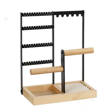 Earring Holder 4 Tier Ear Stud Holder with Wooden Tray,Jewelry Organizer Holder for Rings Necklaces Bracelets Black