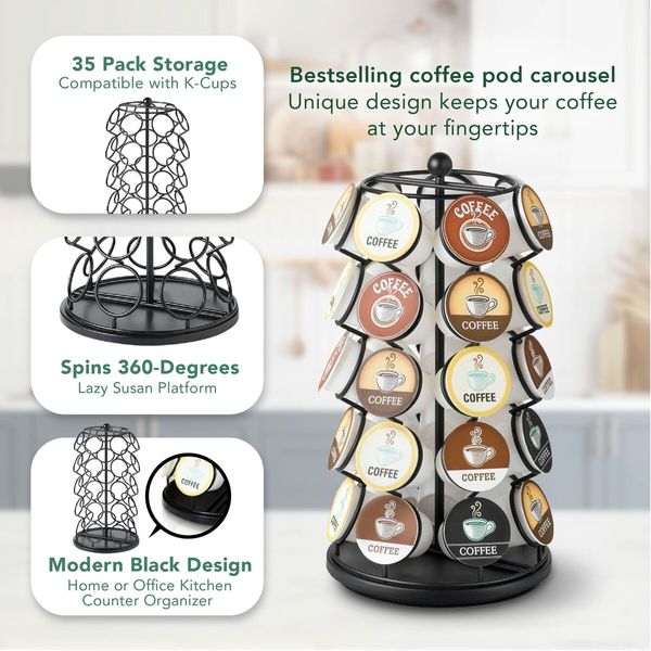 Coffee Pod Carousel,Compatible with K-Cups,35 Pack Storage,Spins 360-Degrees,Lazy Susan Platform,Modern Black Design,Home or Office Kitchen Counter Organizer