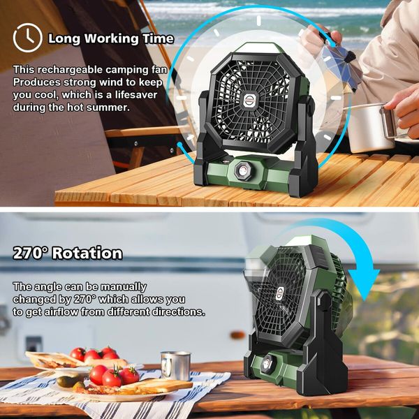 Camping Fan Rechargeable,Battery Powered Fan with LED Lantern,270 Degree Rotation,USB Battery Operated Tent Fan for Camping with Hook,Portable Personal Fan for Travel Picnic Fishing (Green)