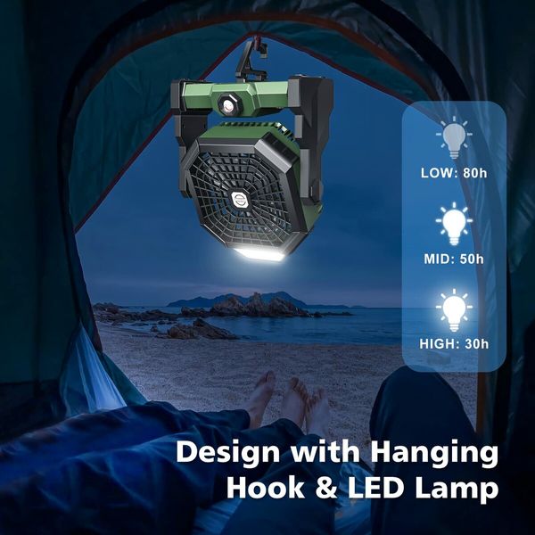 Camping Fan Rechargeable,Battery Powered Fan with LED Lantern,270 Degree Rotation,USB Battery Operated Tent Fan for Camping with Hook,Portable Personal Fan for Travel Picnic Fishing (Green)