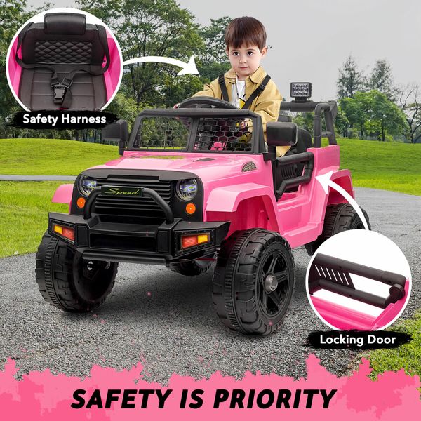 Kids Electric Car Ride On Truck Parental Remote Control Toy Jeep Vehicle 12V Pink Childrens Spring Suspension LED AUX Port