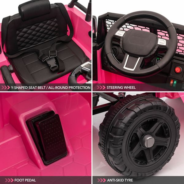 Kids Electric Car Ride On Truck Parental Remote Control Toy Jeep Vehicle 12V Pink Childrens Spring Suspension LED AUX Port