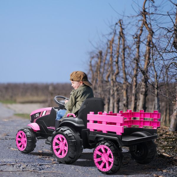 Kids Electric Cars Ride On Toy Tractor Trailer Vehicle Parental Remote Control Pink 12V Battery MP3 Safety Belt LED Light