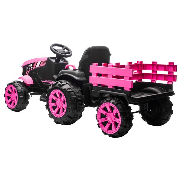 Kids Electric Cars Ride On Toy Tractor Trailer Vehicle Parental Remote Control Pink 12V Battery MP3 Safety Belt LED Light