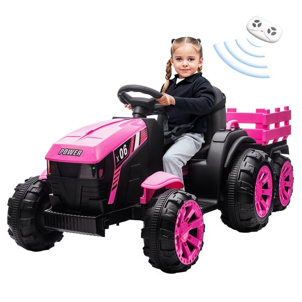 Kids Electric Cars Ride On Toy Tractor Trailer Vehicle Parental Remote Control Pink 12V Battery MP3 Safety Belt LED Light