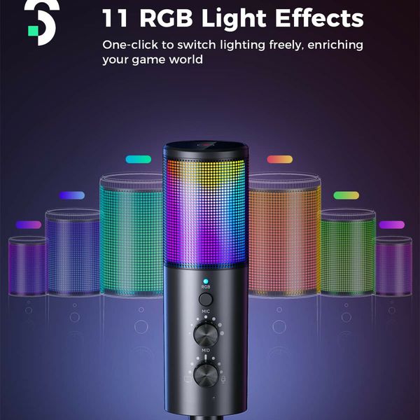 Gaming USB Microphone Streaming RGB Podcast with Gain Knob Light Control Mute Button for PC MAC PS5 Phones