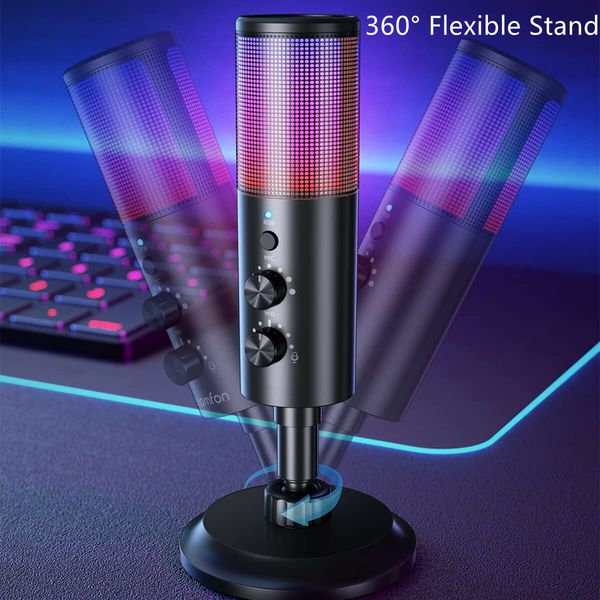 Gaming USB Microphone Streaming RGB Podcast with Gain Knob Light Control Mute Button for PC MAC PS5 Phones