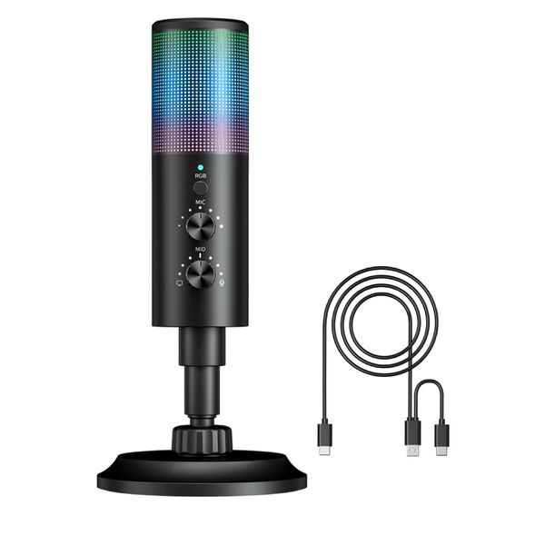 Gaming USB Microphone Streaming RGB Podcast with Gain Knob Light Control Mute Button for PC MAC PS5 Phones