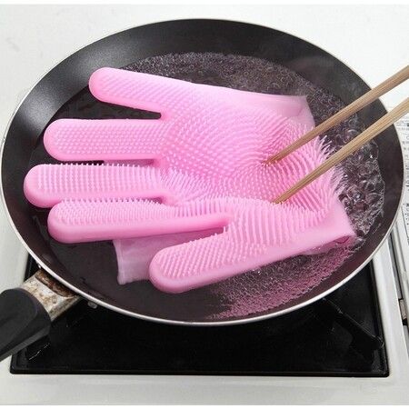 Magic Dish Washing Gloves with Scrubber, Silicone Reusable Cleaning Gloves, Heat-proof Household Scrubber Gloves