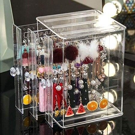 Acrylic Jewelry Storage Box Earring Display Stand Organizer Holder with 3 Vertical Drawer (Transparent)