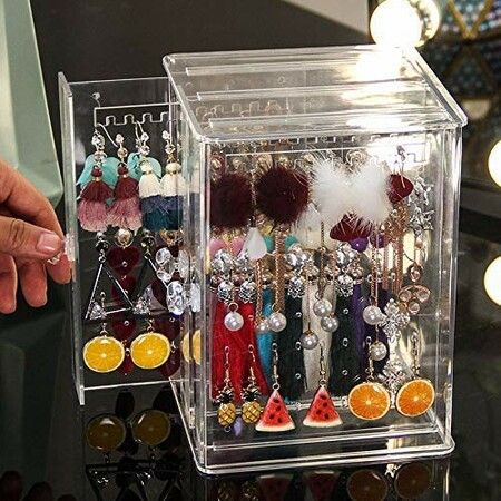 Acrylic Jewelry Storage Box Earring Display Stand Organizer Holder with 3 Vertical Drawer (Transparent)