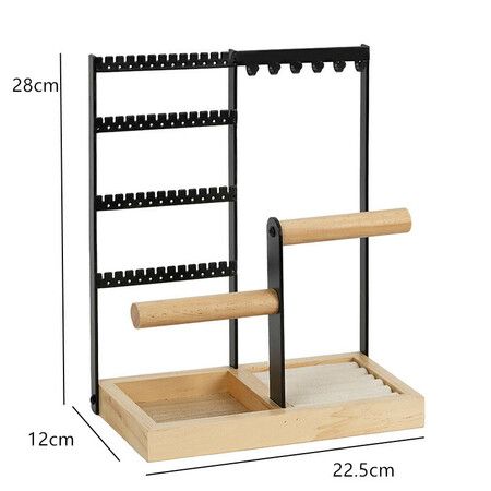 Jewelry Organizer Stand 4 Tier Jewelry Display Stand Holder with Wood Base Tray & Jewelry Storage Tower, for Necklace Bracelet Rings Watches, (Black)