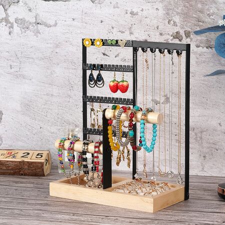 Jewelry Organizer Stand 4 Tier Jewelry Display Stand Holder with Wood Base Tray & Jewelry Storage Tower, for Necklace Bracelet Rings Watches, (Black)