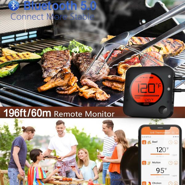 Digital Meat Thermometer Wireless Bluetooth for BBQ Smoker Kitchen Cooking Grill Thermometer Timer-6 Probes