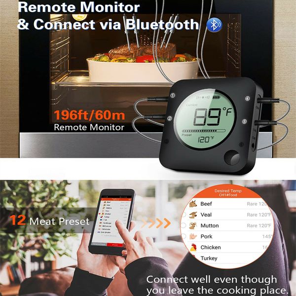 Digital Meat Thermometer Wireless Bluetooth for BBQ Smoker Kitchen Cooking Grill Thermometer Timer-4 Probes