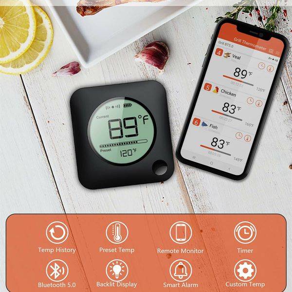 Digital Meat Thermometer Wireless Bluetooth for BBQ Smoker Kitchen Cooking Grill Thermometer Timer-4 Probes