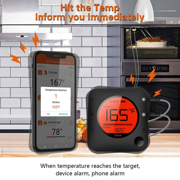 Digital Meat Thermometer Wireless Bluetooth for BBQ Smoker Kitchen Cooking Grill Thermometer Timer-4 Probes