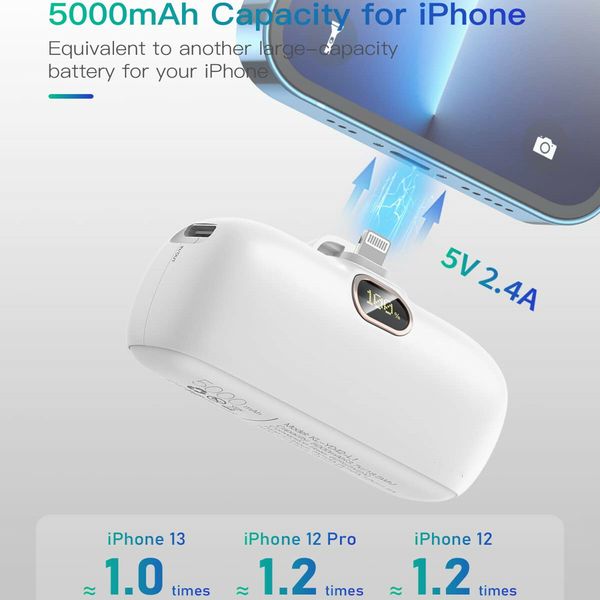 Mini Power Bank iPhone Portable Charger 5000mAh Fast Charging Ultra-Compact for iPhone 14/14Pro/14 Plus/13/13 Pro-White