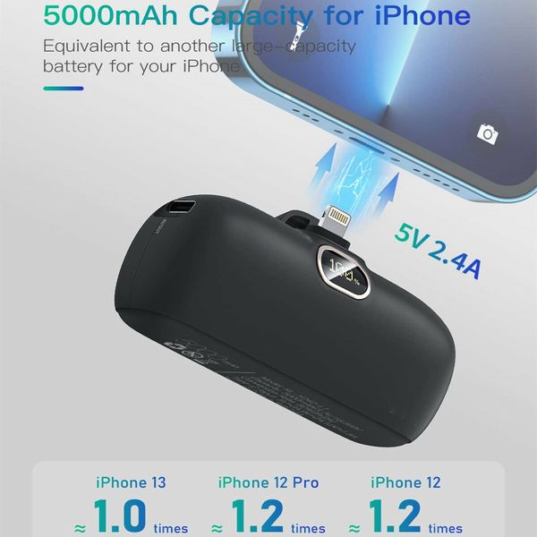 Mini Power Bank iPhone Portable Charger 5000mAh Fast Charging Ultra-Compact for iPhone 14/14Pro/14 Plus/13/13 Pro-Black