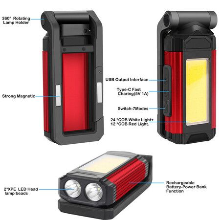 Multifunctional USB Rechargeable COB Work Light With Magnet Super Bright Led Flashlight Auto Repair Light Portable Camping Lamp Color RED