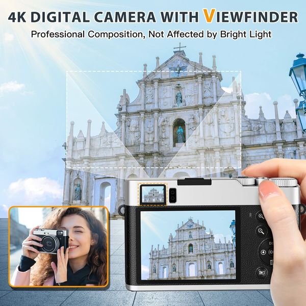 4K Digital Camera with Viewfinder Flash & Dial,48MP Vlogging Camera for Photography and Video Autofocus Anti-Shake,Travel Portable Digital Camera with SD Card 2 Batteries,16X Zoom Fashion Camera