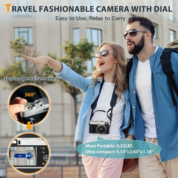 4K Digital Camera with Viewfinder Flash & Dial,48MP Vlogging Camera for Photography and Video Autofocus Anti-Shake,Travel Portable Digital Camera with SD Card 2 Batteries,16X Zoom Fashion Camera