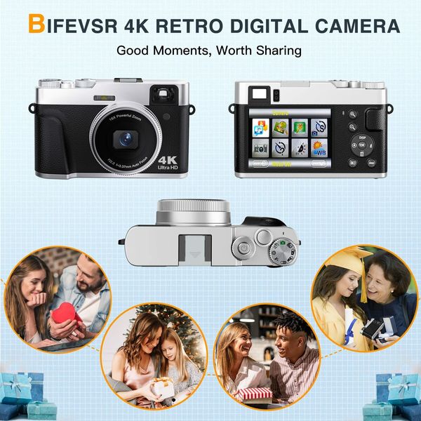 4K Digital Camera with Viewfinder Flash & Dial,48MP Vlogging Camera for Photography and Video Autofocus Anti-Shake,Travel Portable Digital Camera with SD Card 2 Batteries,16X Zoom Fashion Camera