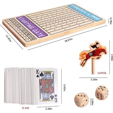 Horse Racing Board Game, Wooden Poker Toy with 11 Durable Horse Dice and Cards for Kids, Family Game, Chess Set