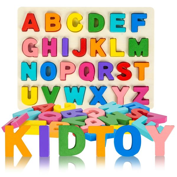 Alphabet Puzzle Wooden Puzzles for Toddlers 1-5 Year Old, Toys with Puzzle Board & Letter Blocks  Preschool Educational for Girls Boys Gift